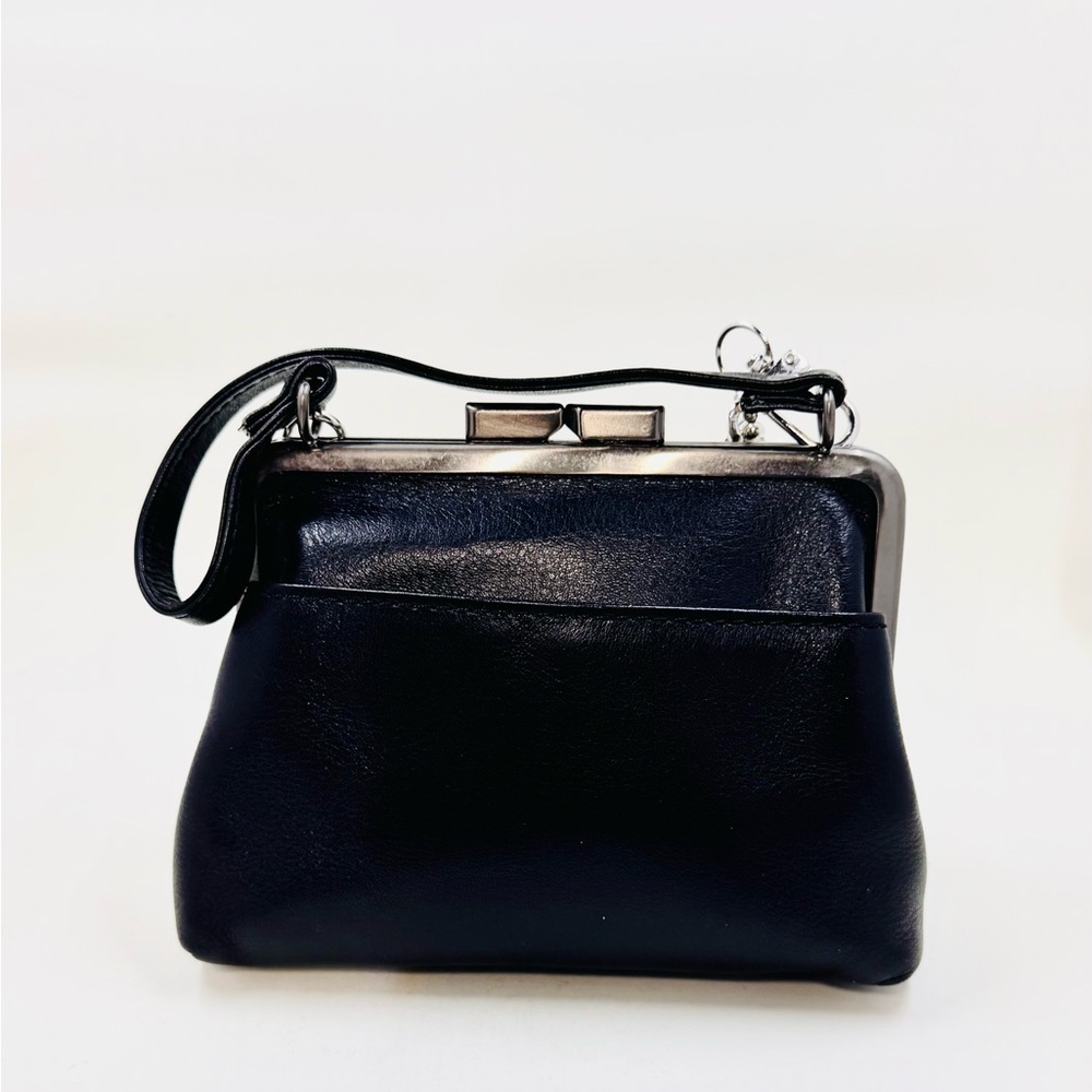 Charles Jourdan Paris Black Leather Mini Top-Handle Bag W/Pearl & Silver Chain - Picture 6 of 6